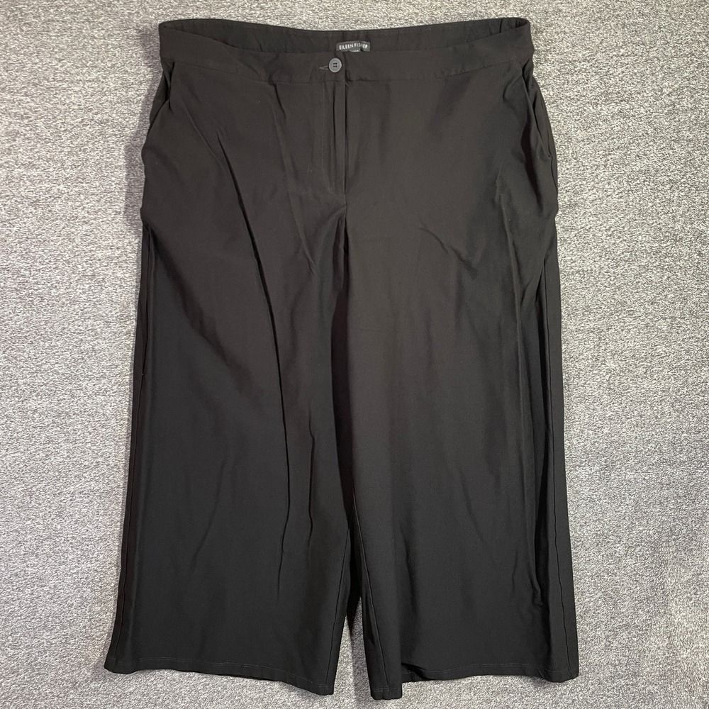 Eileen Fisher Pants Womens 18 Black Crepe Wide Leg Cropped Trousers Pockets